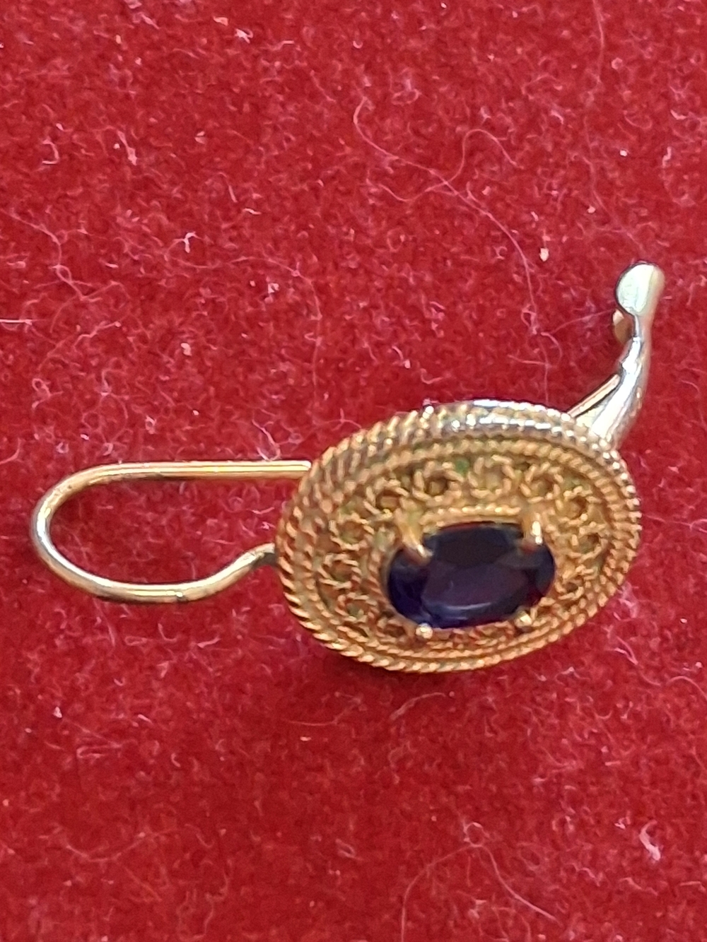 Single Earring Source Unknown Gold Filigree Drop Earring with Dark Blue Stone